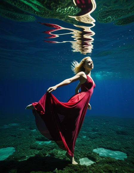 a blonde woman with a red dress diving underwater, floating horizontelly underwater, floating in the mass of water, full body, algae, floaty dress, misterious light above the water, masterpiece, biggest quality, realistic skin, detailed eyes, Porta 160 color, shot on ARRI ALEXA 65, sharp focus on subject, Fujifilm XT-3, shallow depth of field, vignette, highly detailed, high budget, bokeh, cinemascope, moody, epic, gorgeous, film grain, grainy, (surrealist image:1.2), dramatic composition, purple light on the right, green light on the left, dreamy vibes