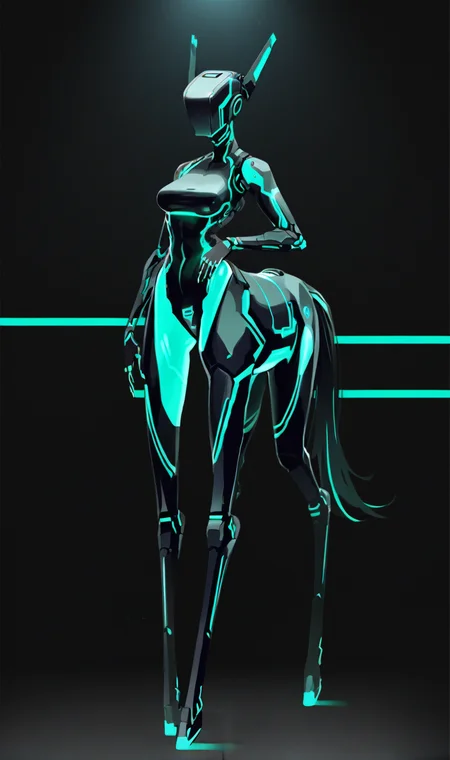 Score_9, score_8_up, score_7_up, score_6_up, source_anime, 1girl, solo, full body, black backdrop, robot girl, neon trim, glowing bodysuit, medium breasts, centaur, <lora:HORiZON_DOLLS_by_EchanisEnicha-000010:1>