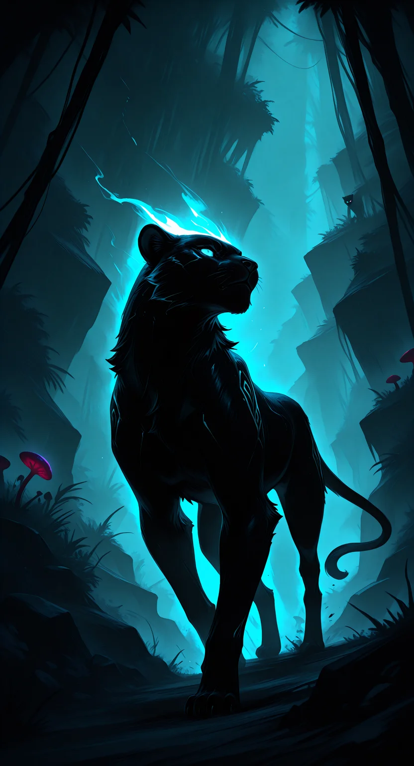 masterpiece, best quality, good quality, newest, highres, absurdres, A sleek, midnight-black panther with glowing silver eyes and spectral, misty fur prowls through a highland jungle, half-concealed by the creeping fog. Its form appears to flicker between solid and shadow, giving it an ethereal presence. Bioluminescent fungi glow faintly in the background, illuminating ancient twisted roots and stones. Ink drips and painterly smudges blur the line between the physical and the spectral, making the panther feel like a guardian of unseen realms <lora:illustriousXL_stabilizer_v1.23:0.3> <lora:NOOB_vp1_detailer_by_volnovik_v1:0.3> <lora:ponyv6_noobE11_2_adamW-000017:0.3> <lora:USNR_STYLE_XL_lokr:0.45>