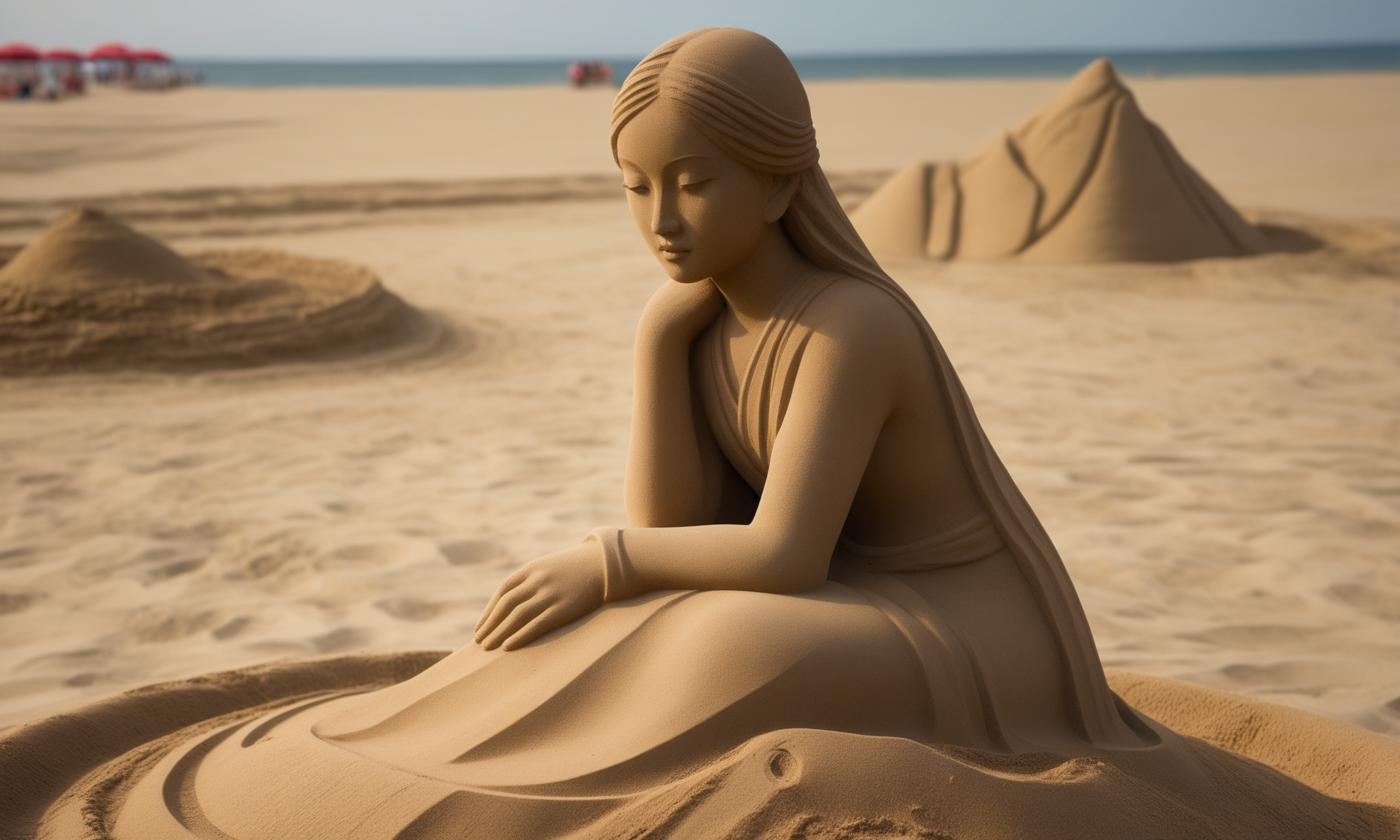 <lora:sandsculpturecd_xl-000006:0.5>,a statue of a girl made of sand sitting on sandbeach,sandsculpturecd_xl,sand sculpture,outdoors,pretty face,chinese women,beautiful face,female focus,no humans,front view,facing viewer,looking at viewer,fine art, emotional, harmonious, high budget, moody, epic, gorgeous, perfect lighting, realistic, photorealistic, photographic, photo (medium),real, moody lighting, volumetric lighting, reality ray tracing, 8K, HDR, UHD, masterpiece, best quality, highly detailed, high resolution, finely detail, extremely detailed, ultra detailed, wallpaper
