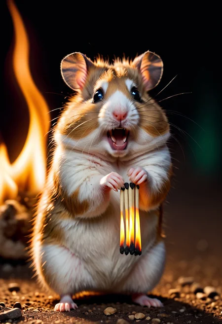 picture of a hamster and dark cold background with a sign, BREAK foreground on the top, (text:"That's fine" printed on a sign), BREAK
1hamster, tiny, cute, holds burning match, looks worried, light comes from match, match lights hamster, dimmed lighting, warm soft tones, single focus on hamster, hamster on the bottom, fills 1/4 of the picture, in the middle of the picture, 
BREAK (background dark and cold:1,3), (surrounded by many evil green cateyes:1.3), cats are big, (cats are barley visible:1.3), (background cold dark colors:1.1), background slightly blurred,