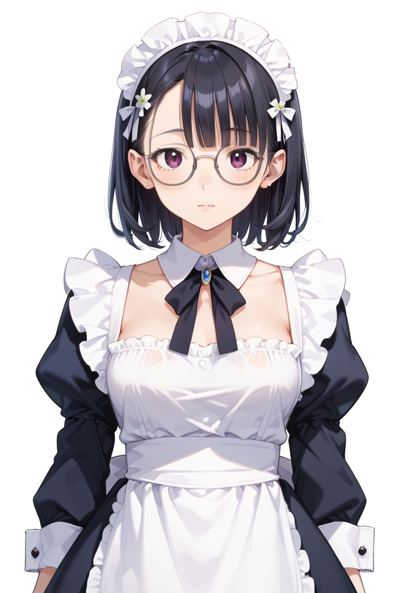 score_9, score_8_up, score_7_up, rating_safe, masterpiece, best quality, absurdres, unity 8k wallpaper, official art, official style, source_anime, uncensored, game cg, megami magazine,
1girl, solo, black hair, medium hair, upper body, covered eyes,maid, maid headdress, black dress, maid apron,
g-boston19A, glasses, simple background, white background, grey-framed eyewear,
<lora:glasses_boston19A_PONY_V1:1>