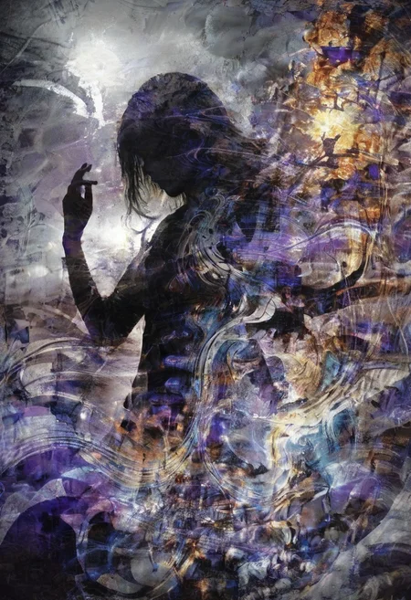 a world inside me, street, epic fantasy, dark fantasy, gritty, real, graffiti, long hair, silhouette, expressionism art, fractals, stopwatch, deep purple and gray, at dusk, cinecolor, (dimmed colors:1.1), hdr, mentixis, linquivera