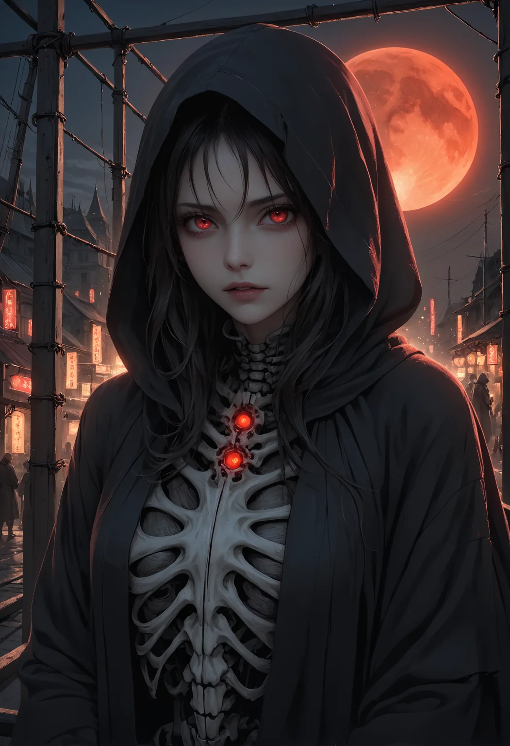 dark visionary,extremely photorealistic portrait, beautiful menacing gaze with red glowing eyes, detailed dark robes with crimson threads, photorealistic, high-resolution, complex textures, cinematic lighting, volumetric lighting, detailed expression, atmospheric, eerie red moon background, maximum realism, masterpiece, Skeletal structures, like old scaffolding, that glow faintly with embedded neon, creating ghostly outlines in the dark.Surfaces coated in reflective chrome that catch and amplify the surrounding neon lights, creating dazzling visuals. <lora:SDXL\koreandolllikeness_xl.safetensors:1.0>,