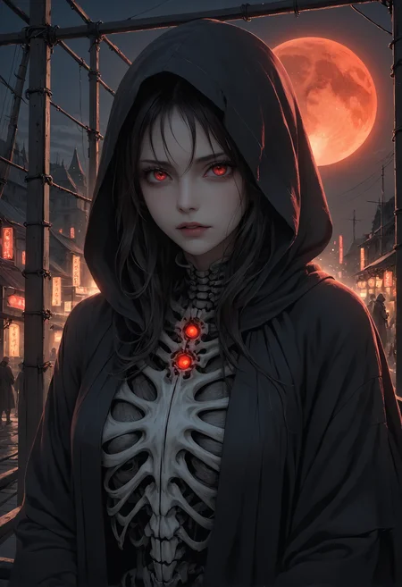 dark visionary,extremely photorealistic portrait, beautiful menacing gaze with red glowing eyes, detailed dark robes with crimson threads, photorealistic, high-resolution, complex textures, cinematic lighting, volumetric lighting, detailed expression, atmospheric, eerie red moon background, maximum realism, masterpiece, Skeletal structures, like old scaffolding, that glow faintly with embedded neon, creating ghostly outlines in the dark.Surfaces coated in reflective chrome that catch and amplify the surrounding neon lights, creating dazzling visuals. <lora:SDXL\koreandolllikeness_xl.safetensors:1.0>,