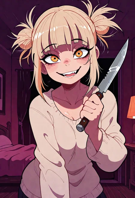 1girl,
solo,

himiko toga, blonde hair,
face focus, medium chest,
yandere pose, dynamic composition,
looking at viewer,
knife grab,

inside, bedroom,
masterpiece ,best quality ,amazing quality, Flatline, Flat vector illustration, Rapscallionstyle, androjuniarto,