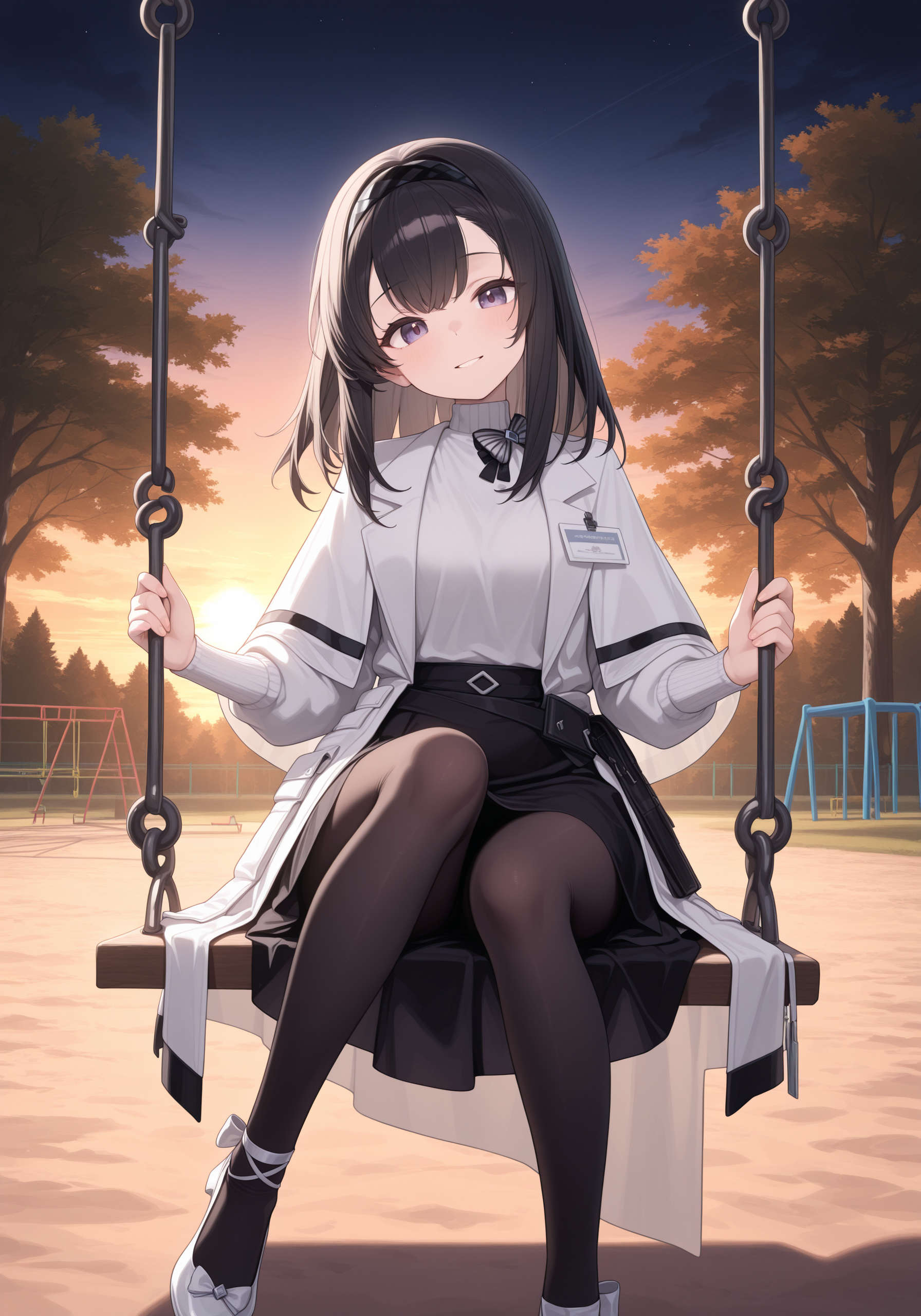 1girl, <lora:prts_sn59:1>, prts, black hair, black hairband, white coat, striped bowtie, id card, white turtleneck sweater, capelet, black skirt, black pantyhose, white heels, head tilt, 
straight shot, center focus, 
sunset, playground, detailed background, trees, single swing set, sitting on swing, dark sky,
high resolution, ultra-detailed, absurdres, masterpiece, best quality, good quality, newest