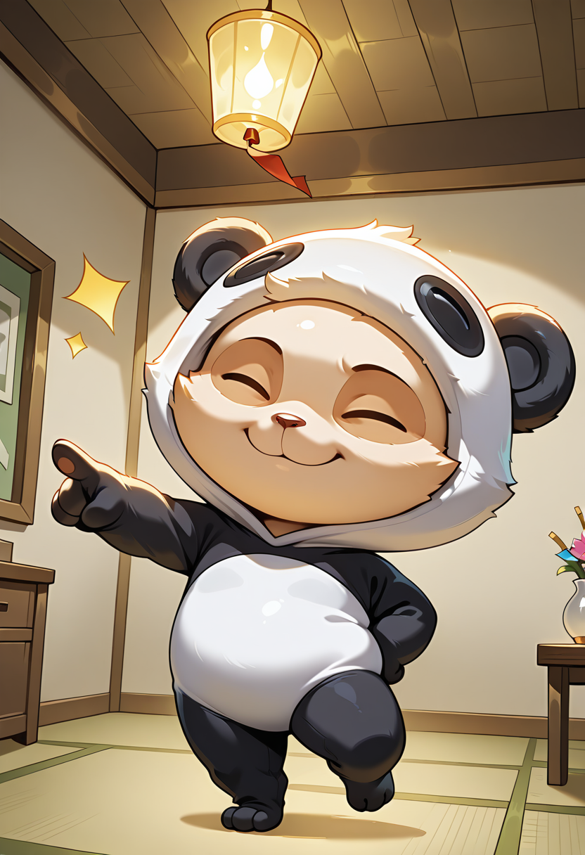 (luminis lighting:0.5), (vibrant:0.5), fluffy body, , detailed background, dynamic pose, dynamic angle, party, indoors, solo
, <lora:teemo-v3-000014:1> wrteemob, (teemo:0.5), closed eyes, panda kigurumi, panda_costume, panda cosplay, 1boy, standing on one leg, pointing to the side, looking away
, (chibi:0.5), plump, (no_fur_neck), ((no_fur_trim))