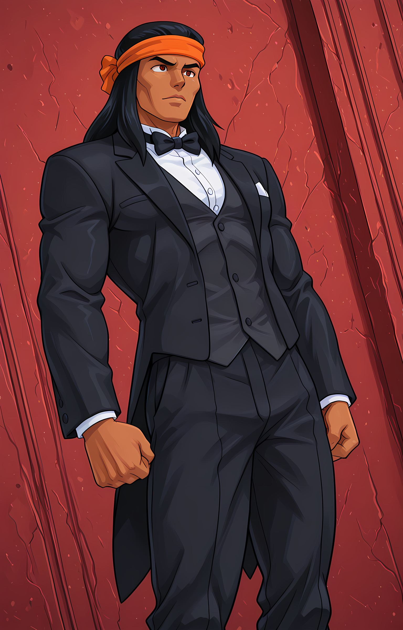 masterpiece, best quality, amazing quality, dutch angle, BREAK
1boy, solo, male focus, muscular male, sf_apachechief, dark skin, black hair, long hair, headband, tuxedo, black bowtie, formal, BREAK
<lora:Apache Chief - Superfriends - ILXL:1>, <lora:Szadek:0.8> sz3d3k <lora:WFA_-_PDXL_Artist_Style:0.8> wfastyle <lora:Torakitchen__Ebitendon_-_Style_-_PDXL:0.8> tk_style