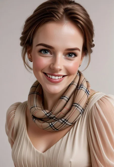 Detailed smiling expression of joy of classy Belle, wearing classy pleated dress, scottish scarf