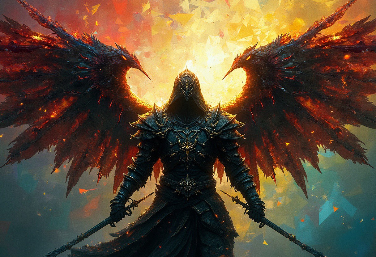 Solaire from dark souls in full armor with sigils, but is not wearing a helmet. Solaire's armor is partially fractured and shattered like it was glass. The backdrop is composed of different colors transitioning from warm reds and yellows near the center to calming blues and greens toward the periphery. The backdrop is centered behind the subject. The colors are separated by metallic fractures, creating a glowing mosaic effect. The colors of the backdrop are most intense near the center. The backdrop is partially shattered like glass. The subject itself is a stark and gloomy silhouette, contrasting beautifully against the vibrant, light-filled fragments surrounding it. Solaire has majestic wings, but they are not the focus. Emlhasis is placed on solaire and the backdrop.