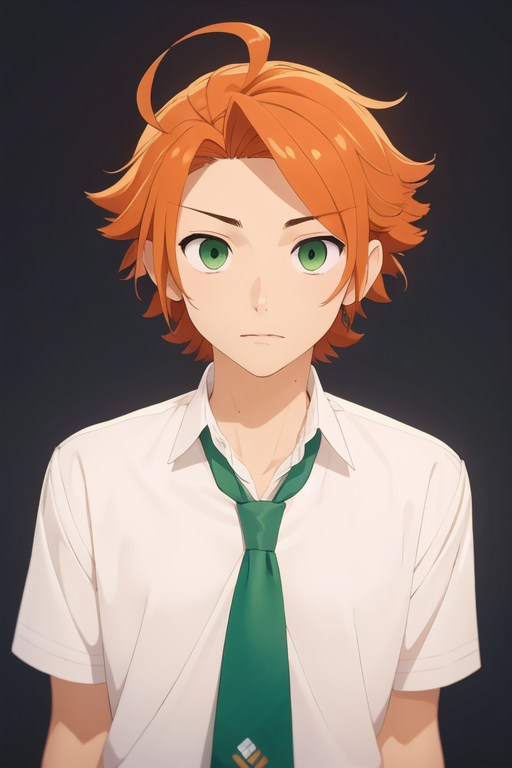 masterpiece, best quality, high quality, 1boy, solo, male focus, looking at viewer, upper body, <lora:kouichi_shindou:0.60>, kouichi_shindou, orange hair, green eyes, ahoge, , formal, necktie, dress shirt