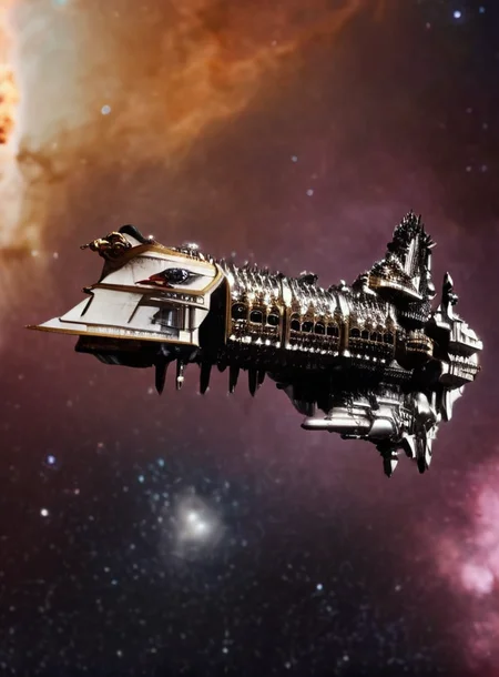 Photo-realistic high resolution photography of simple blank and white background, <lora:Imperial_Navy_-_Warhammer_40000_SDXL:1> impstarship battleship flying in deep space in front of a nebula, a massive burning star in the background  squatting legs spread arms raised behind head, wearing (black lace pantyhose:1.08) bodystockings, (gigantic breasts:1.3), wide hips, thicc legs, bokeh, LDSR, Depth of Field, OverallDetail