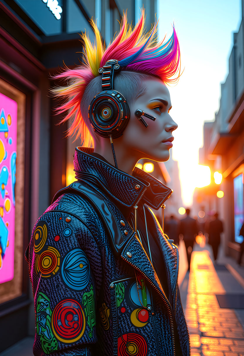 avantgardepunk style. Cutting-edge fusion of art, music, fashion, and technology featuring bold, colorful patterns, distorted proportions, abstract shapes, augmented mechanical enhancements. Include punk-inspired hairstyles, makeup, accessories, and an atmosphere of creativity and rebellion. at sunset, a cyberpunk_2077 person stands proudly outside a futuristic D&G-style boutique, sleek carbon fiber mechanical arms, atmospheric perspective, hairstyle a riot of colorful spikes and dye, augmented enhancements visible, glowing circuits and fiber-optic strands and LEDs of pulsing with energy, and explosion of creative chaos, vibrant colors and bold outlines, style of Wayne Barlowe meets Jean-Paul Goude,  <lora:art and styles/MysticFantasy.safetensors:1.0>,  <lora:flux_trainer/avantGardePunk_v1.safetensors:1.0>,   <lora:Fluxartis 28.11A.safetensors:1.0>, ,