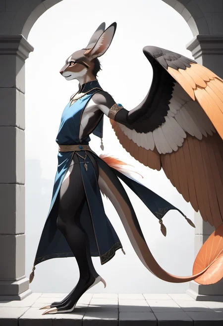 1person, Palagiri, anthro, feline features, feline nose, large ears, ((wings)), ((armless)), perfect wings,
Side view, perfect face, ((prehensile toes, long toes)), ((feathers-tipped tail, fanned tail-tip, tapering-tip tail)),
digitigrade legs, pelvic curtain tunic,
Source: anime, score: 9, score: 8up,