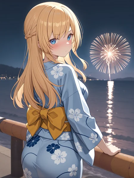 masterpiece,best quality,newest,
1girl,solo,
<lora:merabuchi_kanami_v1.5:0.8>,kanami,long hair,blonde hair,blue eyes,
japanese clothes,yukata,<lora:Fixhands_anime_bdsqlsz_V1:1>,blush,looking_at_viewer,standing,fireworks,night_sky,from behind,from_back,looking_back,blue kimono,<lora:solas_ilxl_v1:1>,bollard,ocean,