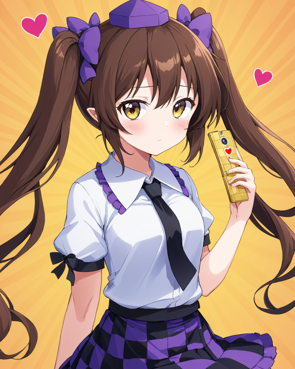 himekaidou hatate,1girl, solo, twintails, tokin_hat, cellphone, necktie, heart, checkered_skirt, hair_bow, hair_ribbon, blush, shirt
<lora:himekaidou_hatate_image2639_2023-12-20-000010:1>,star-shaped_pupils,symbol-shaped_pupils,. gorgeous,key visual, vibrant, studio anime,award-winning, professional, highly detailed,high budget, cinemascope