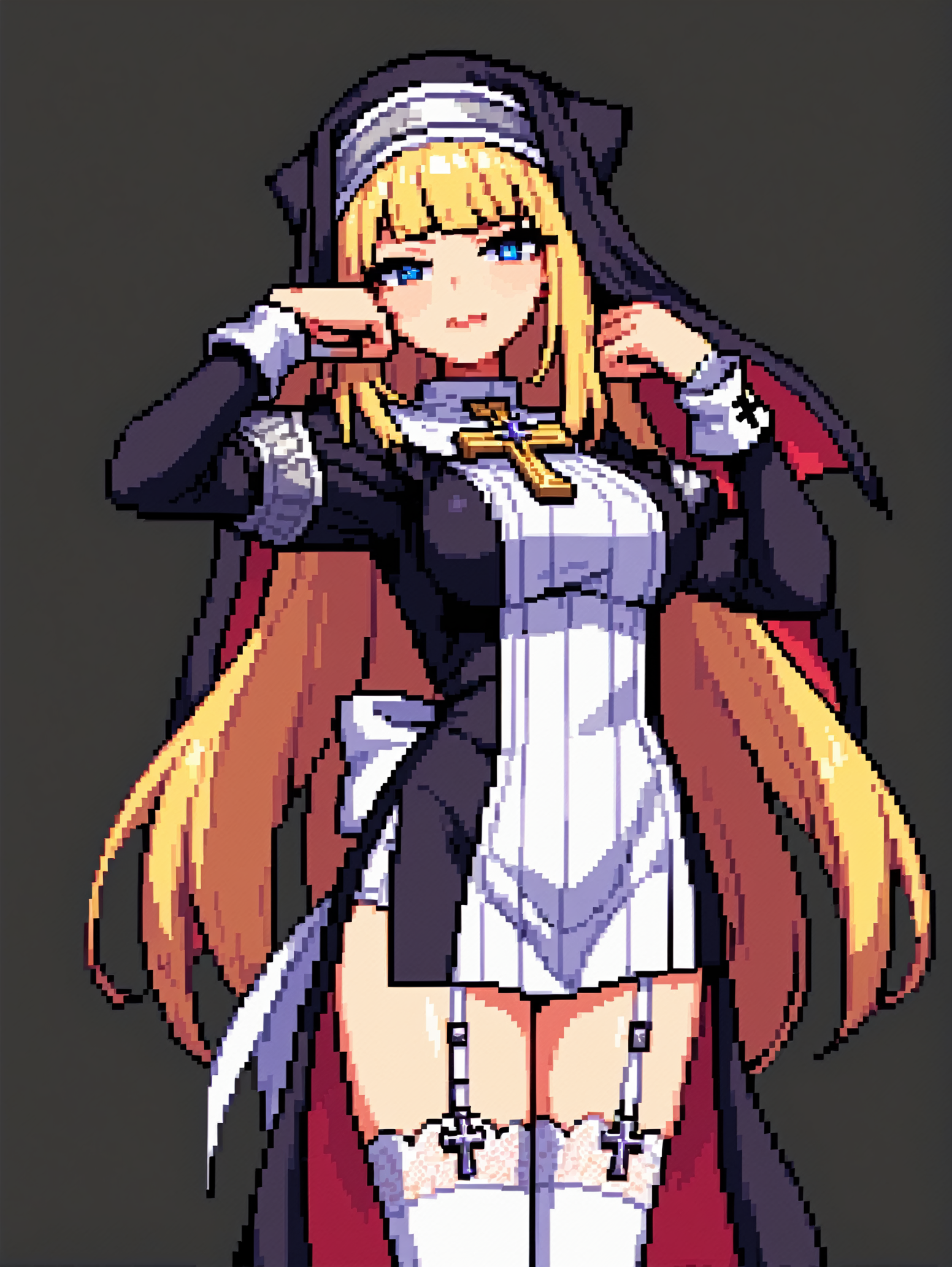 score_9, score_8_up, score_7_up, 
<lora:exorcistcharlotte.pony.v2:0.55> exorcistcharlotte, habit
1girl,solo, <lora:Pixel_Art_Pony:0.6> Pixel_Art