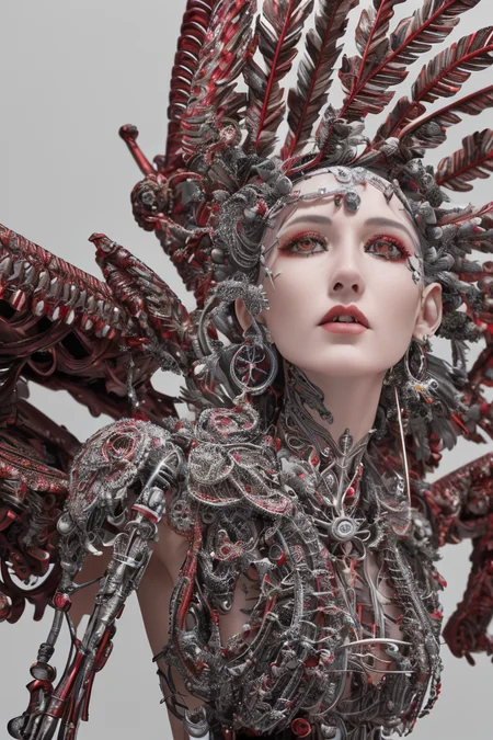 complex 3d render ultra detailed beautiful death angel, biomechanical cyborg, analog 150 mm lens, beautiful natural soft rim light, crystal feathers, roots, fine foliage lace, colorful details, Boris Bidjan Saberi outfit, pearl earrings, piercing, art nouveau fashion embroidered, intricate details, mesh wire, mandelbrot fractal, facial muscles, cable wires, microchip, badass, hyper realistic, ultra detailed, octane render, volumetric lighting, 8k post-production, red and white with a bit of black, detailled metalic bones, semi human, iridescent colors, Glenn Brown style, futuristic room, power of the god, high-angle shot, complex body poses