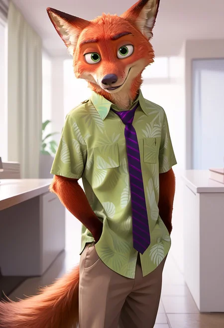 score_9_up, score_8_up, score_7_up, masterpiece, best quality, amazing quality, very aesthetic, absurdres, newest, high quality, detailed, male, solo male, NickWilde, 1boy, mature male, male, athletic build, anthro, fox, orange fur, animal ears, green eyes, green hawaiian shirt, purple tie, tan khakis, standing, indoors, looking at viewer, grinning, office, hands in pants pockets, volumetric lighting
