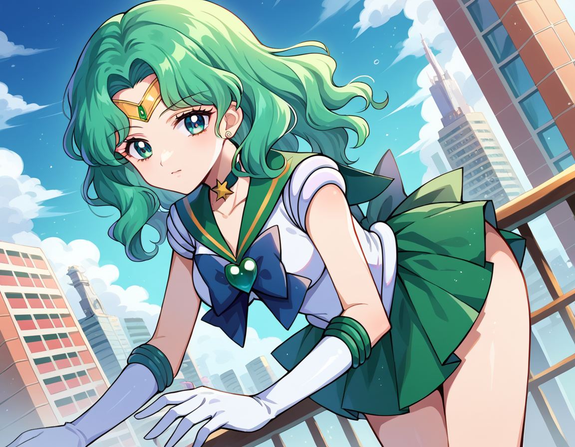 score_9, score_8_up, score_7_up, source_anime,
sailorneptune, <lora:sailor-neptune-ponyxl-lora-nochekaiser:1>
sailor neptune, green eyes, forehead jewel, green hair, medium hair, tiara,
brooch, choker, gloves, heart, heart brooch, jewelry, magical girl, sailor senshi uniform, skirt, star choker, white gloves, bow, green bow, green sailor collar, green skirt,
outdoors, cityscape, bent over,
looking at viewer, cowboy shot, dutch angle,