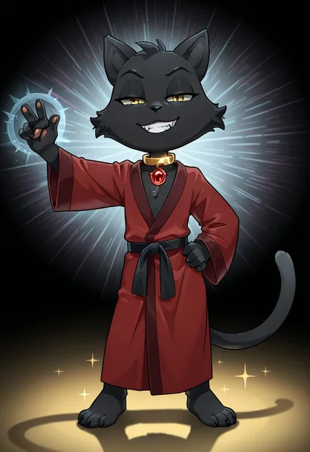 score_9, score_8_up, score_7_up, score_6_up, furry male, solo male, salems, cat, bipedal, cat tail, black body, black fur, cheek tuft, gold eyes, bathrobe, velvet robe with fur lining, (dark red robe with black accents:1.1), chest tuft, gold collar, red gem, half-closed eyes, grin, fangs, black nose, 4 fingers, standing, barefoot, pawpads, detailed face, raised arm, gesture, cocked hip, standing, hand on hip, petite, chibi, 
masterpiece, extreme detail, intricate detail, detailed fur, best quality, looking at viewer, detailed shading, perfect lighting, shadow, magic, sparkle, 
psychedelic background, cgi, IllustriousQual