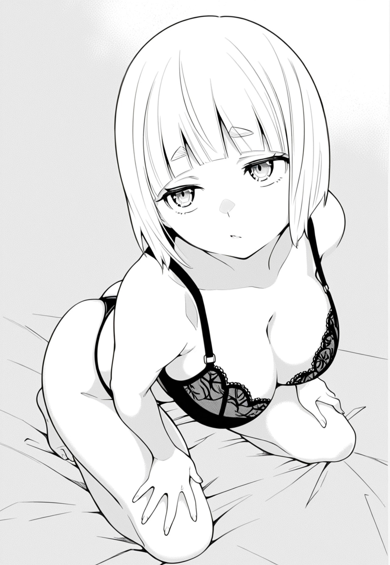 1girl, solo, shushu suruga, short light bob-cut hair, blunt bangs, expressive eyes, large breasts, wide hips, black sheer bra, black thong, seductive pose, kneeling, leaning forward, hands on thighs, sultry expression, eyes looking up, curves emphasized, lingerie, smooth thighs, monochrome