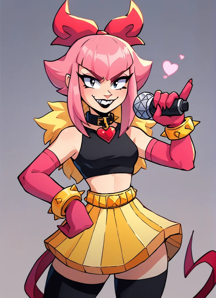 score_9, score_8_up, score_7_up, <lora:bsmelodie:1> bsmelodie , fur trim , 1girl, solo , pink hair, hair bow ,black collar ,neck heart ,black shirt, crop top, bare shoulders, elbow gloves, pink gloves, yellow bracelet , yellow skirt , black thighhighs ,evil smile, , looking at viewer, Holding microphone