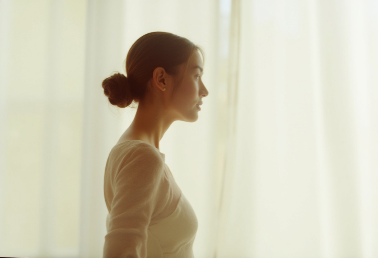 an aesthetic, minimalist depiction of a female profile in side view. The focus is on the soft contours and calm, monochromatic tones. The scene feels mystical and dreamy, almost as if viewed through a delicate mist, with gentle light accentuating the silhouette. The background is diffuse and creamy white, drawing attention to the elegant simplicity of the figure.