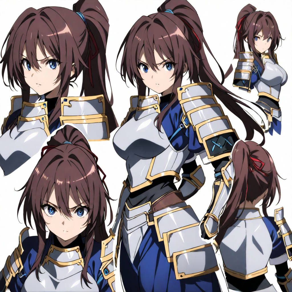 solo,anime coloring,looking at viewer,masterpiece,high score,great score,absurdres,
<lora:character_Sheet_XL:1> character sheet, multiple views,<lora:ShibataKatsuie ag4o:1> shibatakatsuie, brown hair, ponytail, blue eyes,armor,