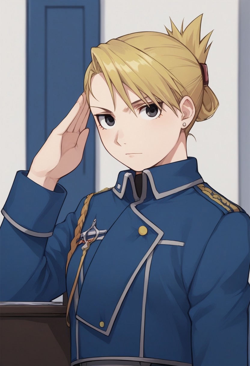 score_9, score_8_up, source_anime, highly detailed, 
riza, 1girl, blonde hair, solo, military uniform, military, uniform, salute, aiguillette, folded ponytail, standing, black eyes, earrings, upper body,
indoor, office,