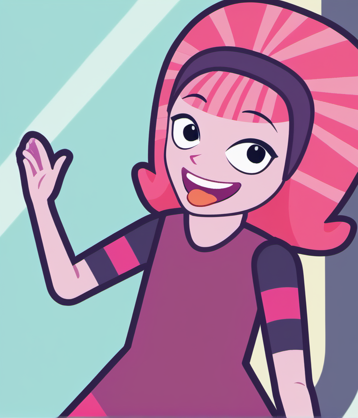1girl, solo, dbdd1, smile, dress, pink hair, pink skin, black eyes, upper body, smug, open mouth, tongue out, hairband, official style, amusement park, <lora:dbdd1:1>,