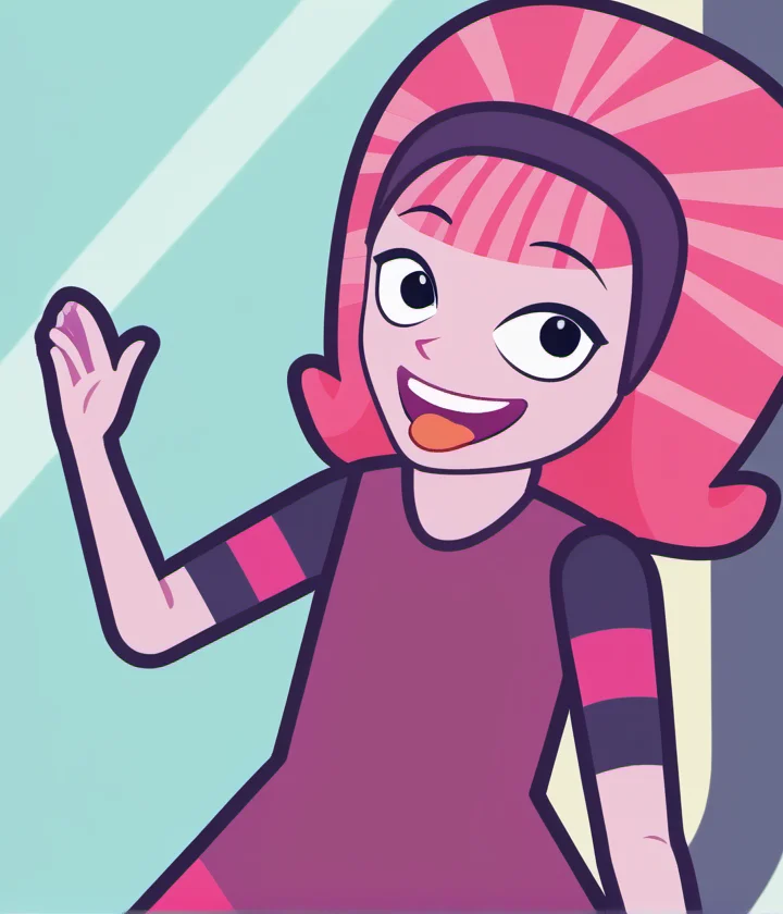 1girl, solo, dbdd1, smile, dress, pink hair, pink skin, black eyes, upper body, smug, open mouth, tongue out, hairband, official style, amusement park, <lora:dbdd1:1>,