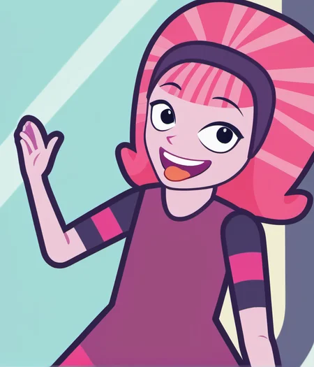 1girl, solo, dbdd1, smile, dress, pink hair, pink skin, black eyes, upper body, smug, open mouth, tongue out, hairband, official style, amusement park, <lora:dbdd1:1>,