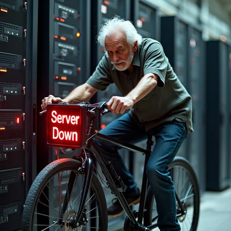 a poster ad of a very old man pedalling a bicycle powered server, wires connected to bicycle with a dynamos wheel from a server, red light warning signalling low power, low power led indicator, old man sweating and tired, word printed on the led board saying "Server Down"