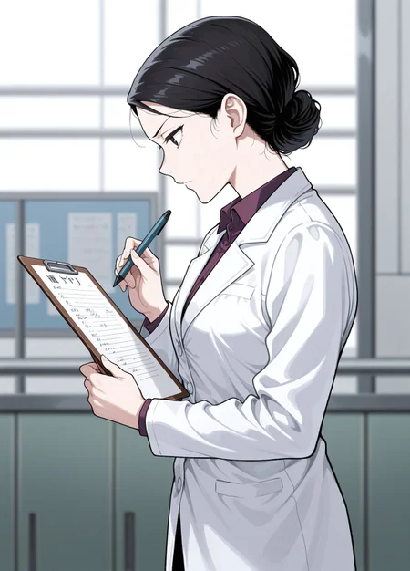 Unholy-aesthetic,masterpiece, best quality, amazing quality, absurdres,
gyo_yoshiyama, 1girl, solo, black hair, single hair bun, low hair bun, messy hair bun, black eyes, medium breasts,
white coat , lab coat, buttoned coat, long sleeves, purple shirt, collared shirt, black skirt, pencil skirt, white footwear, white high heels,
, holding clipboard, holding pen, writing, serious face, factory background, blurry background, depth_of_field, focus, detailed, cowboy shot, from side, profile,