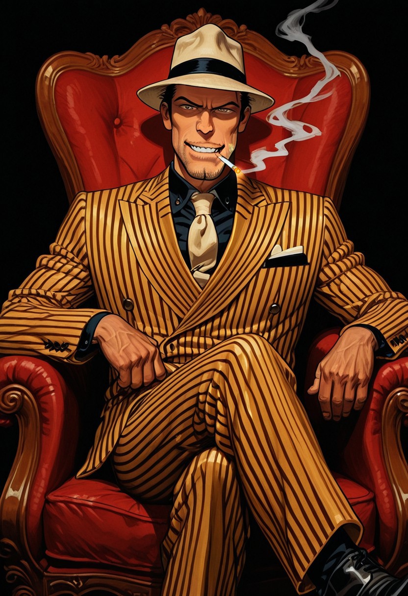 1man,stubble, dark hair,smoking, thousand stripes suit, fedora, sitting in an armchair with his legs crossed, looking at viewer, malicious smile