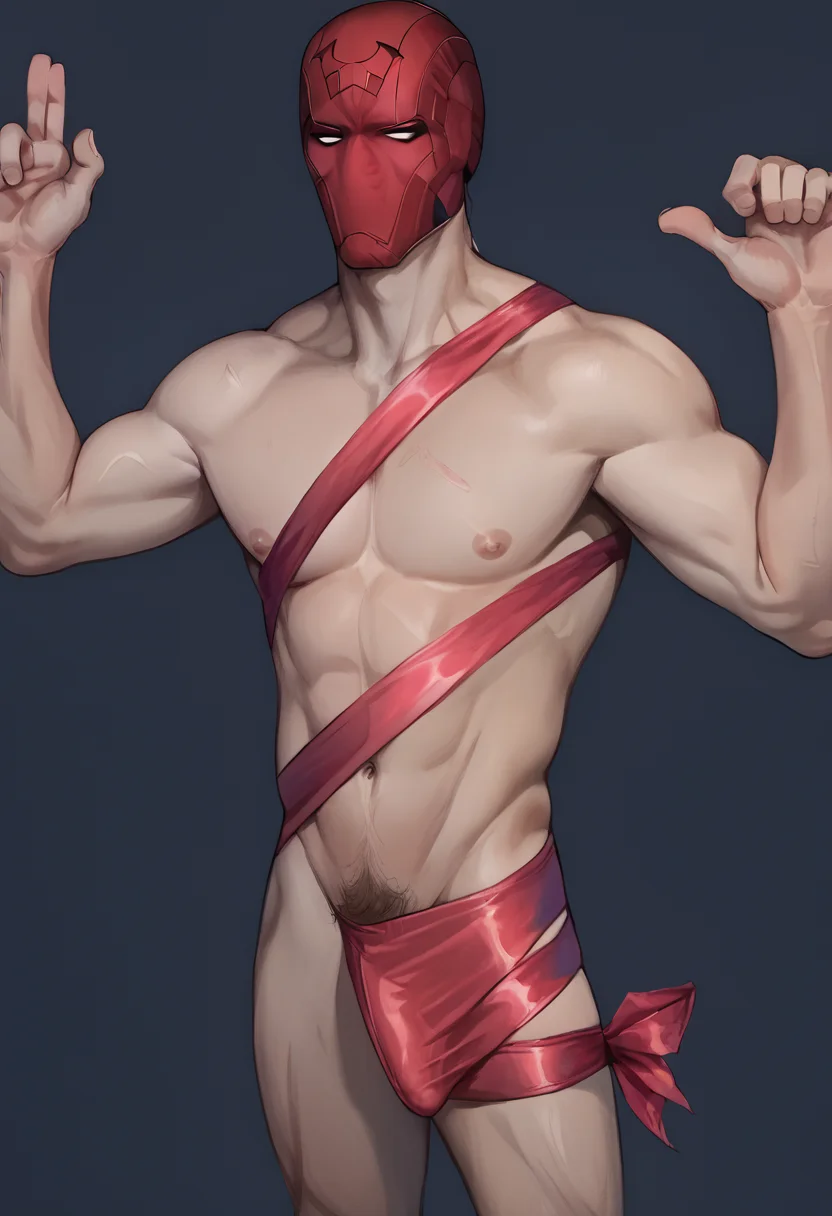 embedding:Pony\Positive\zPDXL3, score_9, score_8_up, score_7_up, ribbonwrap_meme, hands up, fingers gun up, thumb pointing, pointing at self, 1boy, Jason Todd, male focus, solo, naked ribbon, muscular male, helmet, nipples, pectorals, muscular, dick print, bulge, pubic hair, simple background, dark theme, low light, look at viewer, tilted head, dim lit, night, best quality, high resolution, masterpiece.