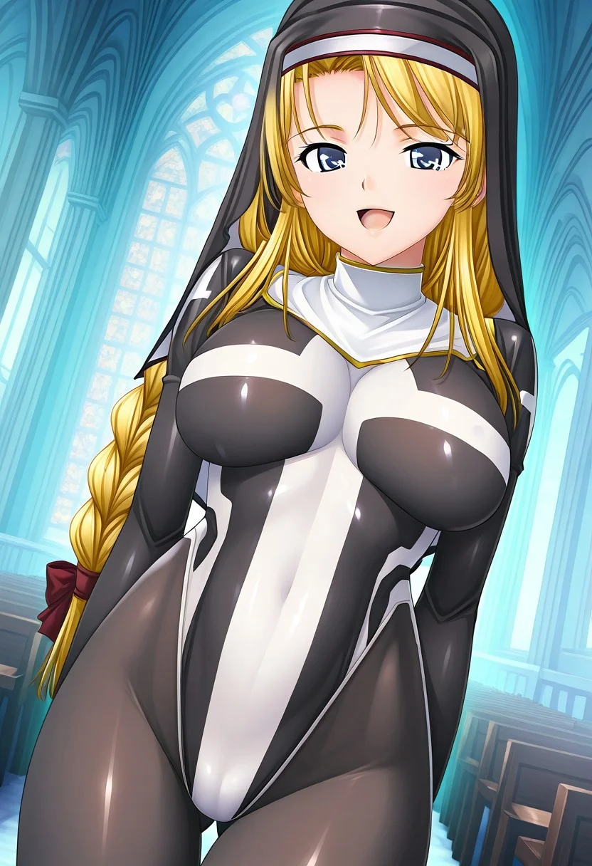 1woman,solo,nun,blonde hair,twin braided,blue eyes,large breast,bodysuit,Skin tight,thigh,pantyhose,kind smile,happy,open mouth,cheek,standing,Church,game CG,dramatic angle,
