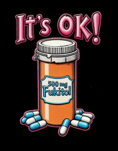 An upright orange tube-shaped pillbox. On the label of the pillbox is written â500 mg Fukitolâ. White lid. Outside are some half blue-half white capsule pills. âIt's OK!â is written in bright letters at the top of the picture. Black background, <lora:Dever_Flux_Enhancer:0.5> <lora:TextimproverV0.4:1> aidmatextimprover <lora:metal-logo:1> m3t4ll0g0 <lora:Embroidery_Patch_FLUX:1> patch, embroidery