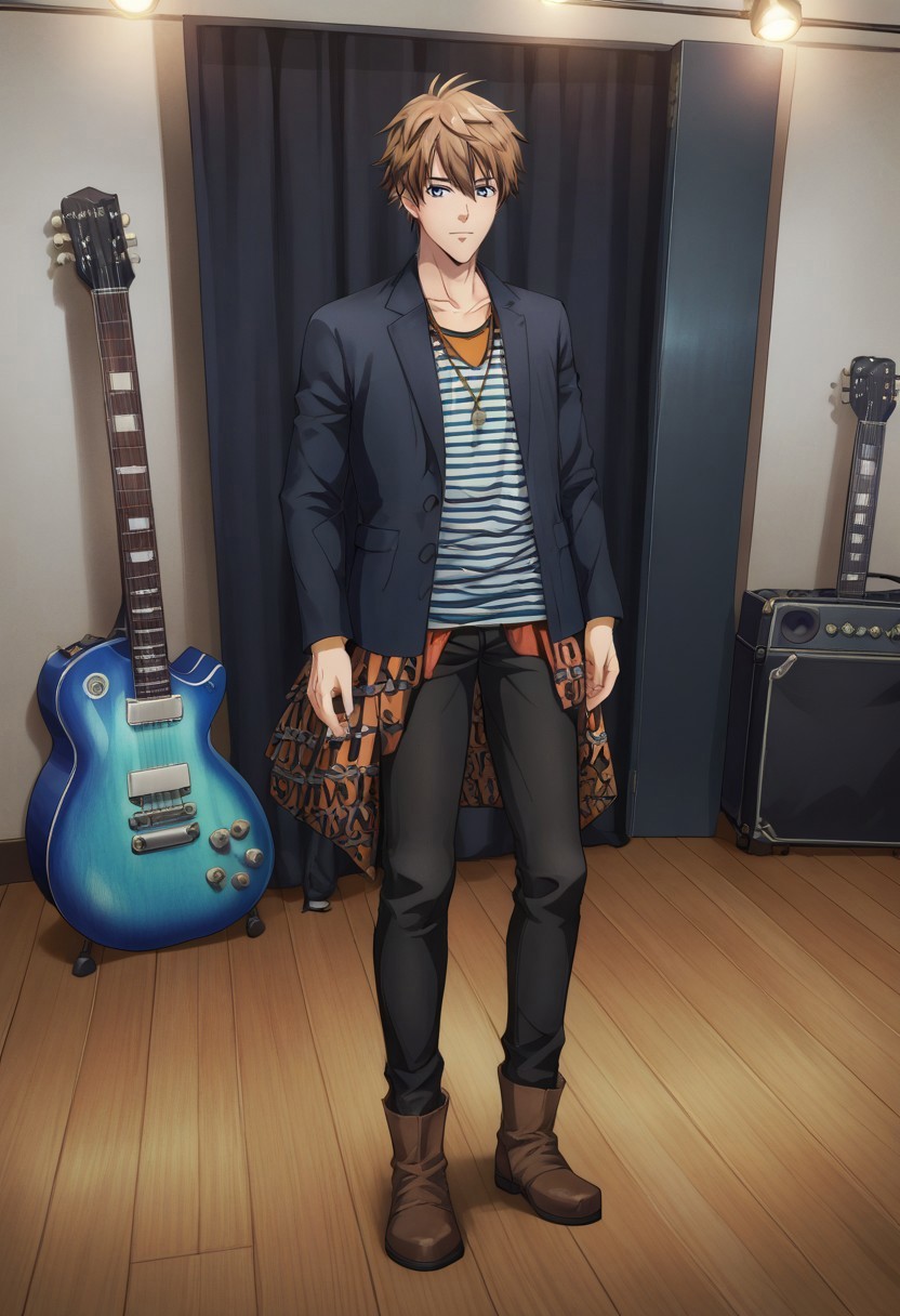 score_9, score_8_up, score_7_up, source_anime, highly detailed,

yuto, 1boy, male focus, solo, brown hair, hair between eyes, blue eyes, striped, striped shirt, jacket, black jacket, open jacket, open clothes, pants, black pants, boots, brown footwear, jewelry, necklace,



instrument, guitar, electric guitar, playing guitar, indoor, stage,