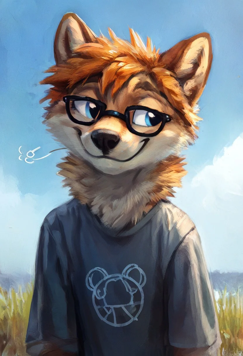 source_furry ,
shiba inu dog, tan fur, orange hair, black glasses, blue eyes, sleepy expression, smile, plain sweatshirt, blue sky, outdoors
<lora:Better_Kenket:0.9> , <lora:Jacato_Style_Pony:0.5>, score_9, score_8_up, score_7_up, score_6_up, score_5_up,