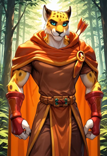 masterpiece, best quality, amazing quality, very aesthetic, absurdres, newest,  high quality, detailed, HunterSpyro, 1boy, solo male, cheetah, anthro, mature male, broad shoulders, black eyes, blue sclera, animal ears, athletic build, yellow body, light underbelly, spots, brown shirt, red cloak, red gauntlets, bow and arrow, looking at viewer, smiling, outdoors, forest, standing, dark brown pants, volumetric lighting