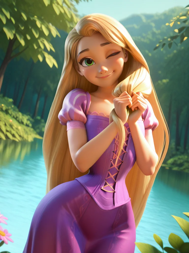 ,
1girl, (RapunzelXL:1.1), purple dress, very long hair, blonde hair, green eyes, puffy sleeves, short sleeves, corset, flat chest, narrow waist, wide hips,
very happy dutch angle, front, holding her hair with both hands, smile, looking at viewer, nature, vegetation, lake, flowers, dynamic pose, cowboy shot,, one eye closed, 
<lora:RapunzelXL_character-12:0.75> <lora:3d:1> 3dcgi,,, highres, hi res, best quality, masterpiece, intricate details, absurdres,