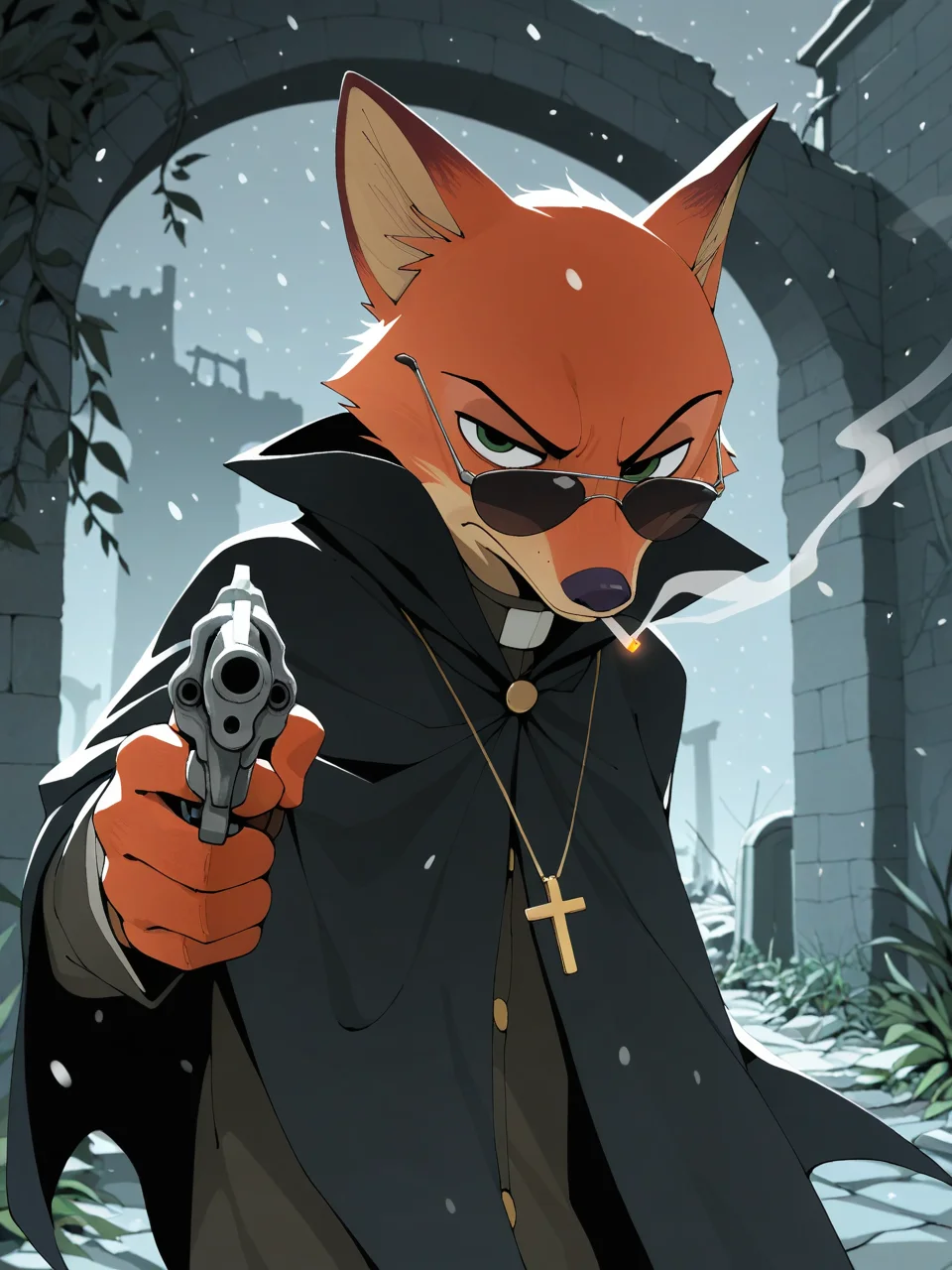 nick wilde, cross necklace, priest, gold and black cloak, sunglasses, holding revolver, portrait, action pose, serious face, smoking, half-length portrait, [high-angle view::0.1], BREAK, masterpiece, best quality, [:by Duskihorns, by Youjomodoki:0.15], detailed background, depth of field, ambient silhouette, backlighting, night, arch, ruins, dungeon, plant, foggy, factory, snowing, grave
