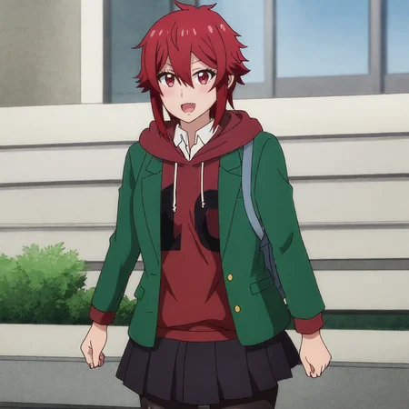 <lora:Tomo_pony_v1:.8>TomoRedJacket, 1girl, red hair, black pantyhose, pleated skirt, school uniform, red eyes, jacket, hood, fang, hoodie, short hair, hair between eyes, shirt, cowboy shot