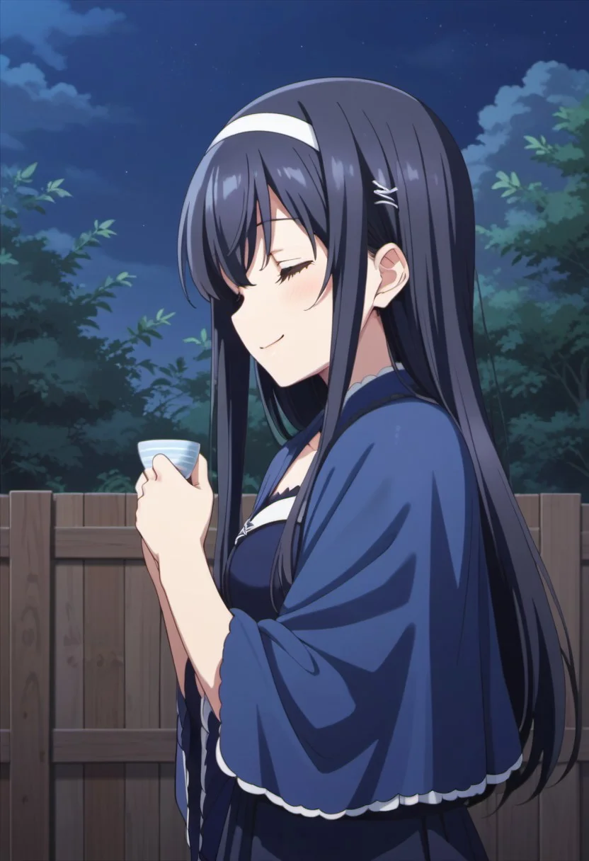 score_9, score_8_up, score_7_up, source_anime, kushima kamome, long hair, black hair, 1girl, solo, closed eyes, smile, blush, fence, night, capelet, hairband, holding