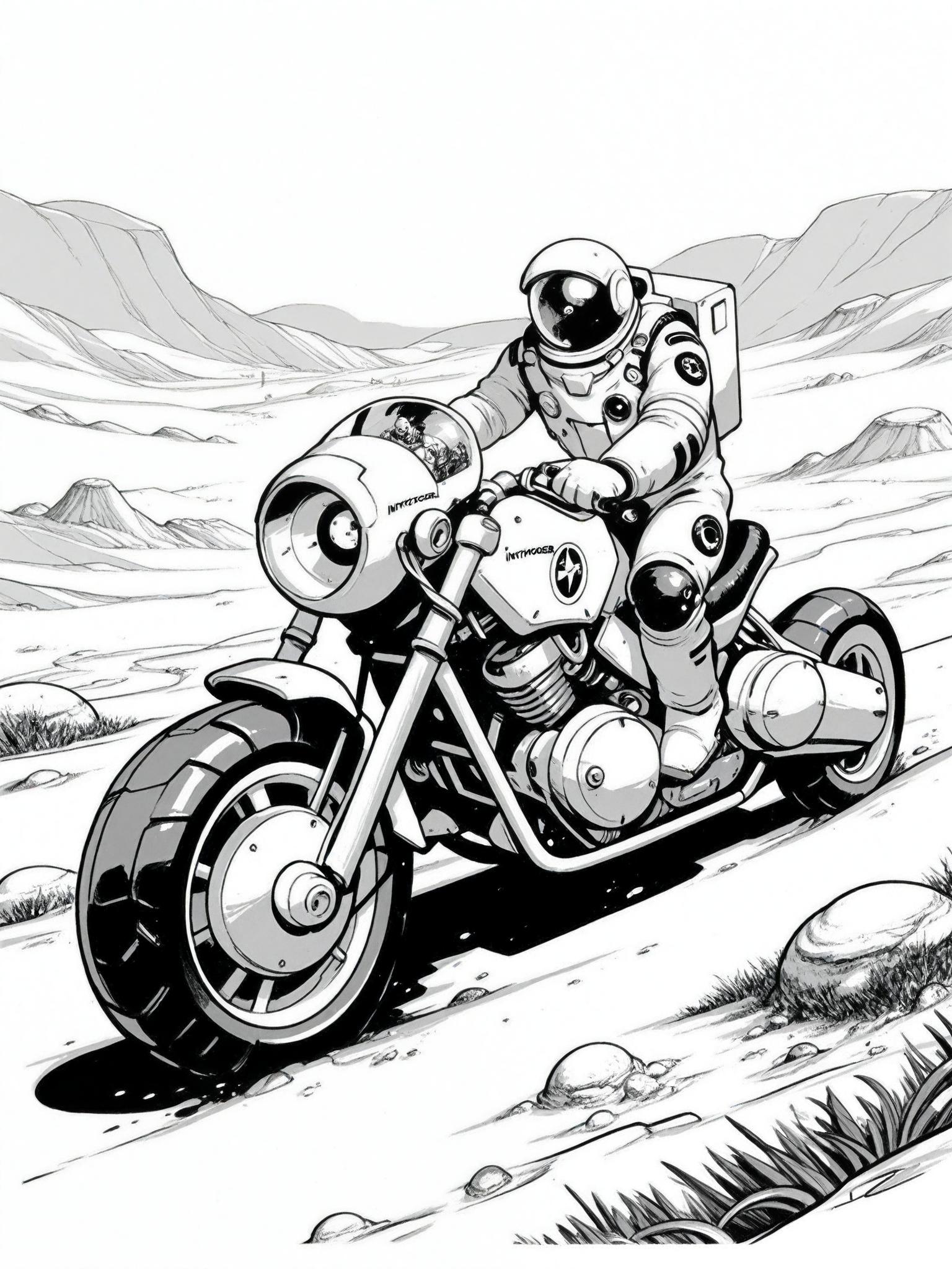 monochrome, motor vehicle, ground vehicle, motorcycle, greyscale, robot, helmet, science fiction, Astronaut, sci-fi vehicle, rover, alien landscape, black and white illustration, ink art, detailed design, exploration, Inktober,INK ,monochrome, comic art, , black and white illustration,