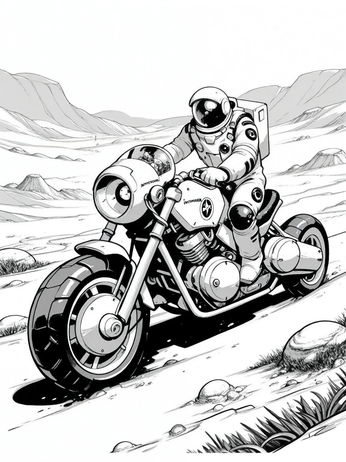 monochrome, motor vehicle, ground vehicle, motorcycle, greyscale, robot, helmet, science fiction, Astronaut, sci-fi vehicle, rover, alien landscape, black and white illustration, ink art, detailed design, exploration, Inktober,INK ,monochrome, comic art, , black and white illustration,