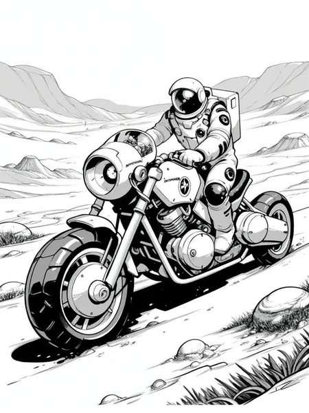 monochrome, motor vehicle, ground vehicle, motorcycle, greyscale, robot, helmet, science fiction, Astronaut, sci-fi vehicle, rover, alien landscape, black and white illustration, ink art, detailed design, exploration, Inktober,INK ,monochrome, comic art, , black and white illustration,